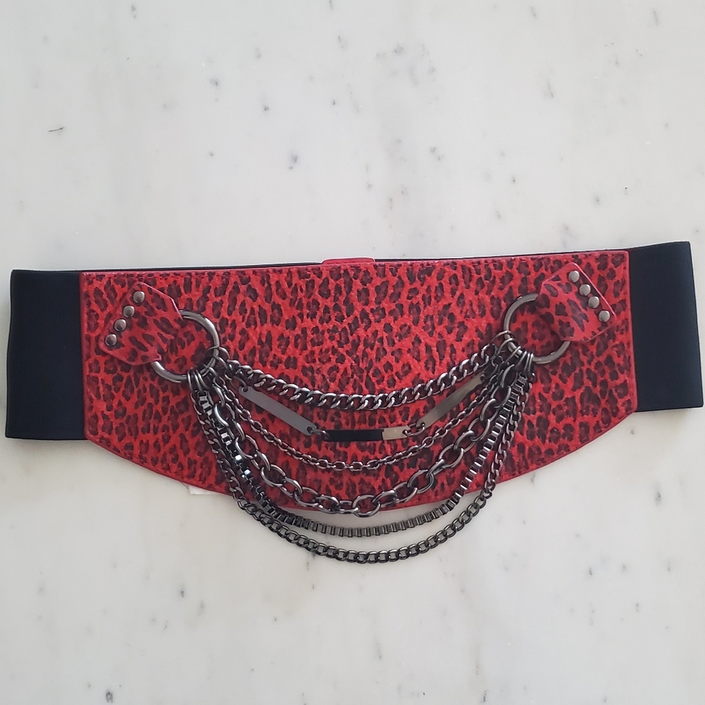 bebe Suede Red Chettah Print Belt